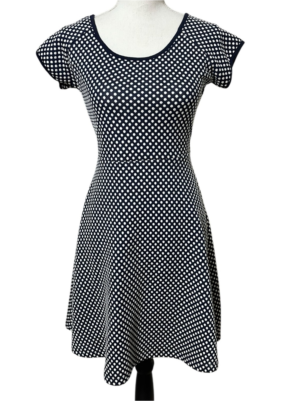 Navy and White Polka Dot Short Sleeve Fit-and-Flare Mini Dress